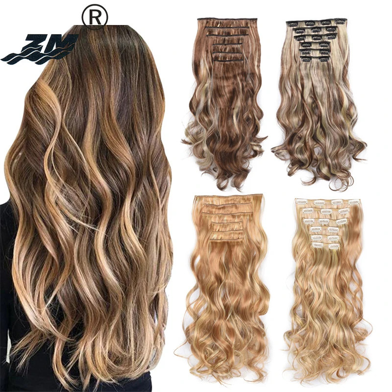 

ZM Girl длинные вьющиеся волнистые шиньоны 6 шт./компл. 16 зажимов синтетические удлинители волос коричневая блондинка для женщин термостойкий ...