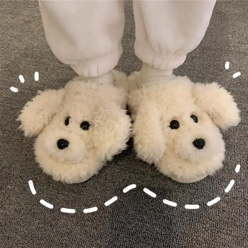 Y Faux Fur Dog Slippers 2022 Cute Cartoon Animal Women Winter Warm Plush Home Fluffy Slides Cotton House Floor Shoes Flip Flops