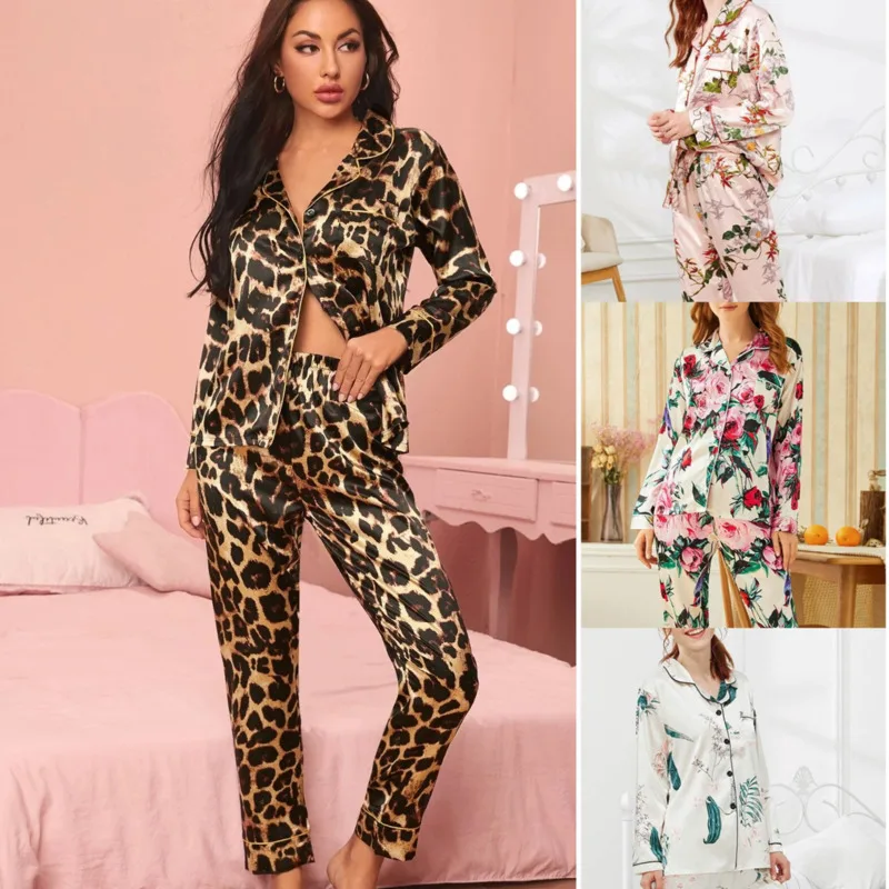 Home Service Pajamas Two-piece Women's Autumn Leopard Print Long-sleeved Loose And Comfortable Trousers  Wm*