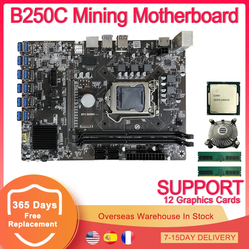 B250C Motherboard 12 PCIE to USB 3.0 Graphics Card Slot LGA1151 Supports DDR4 DIMM RAM for Bitcoin BTC ETH GPU Mining Miner