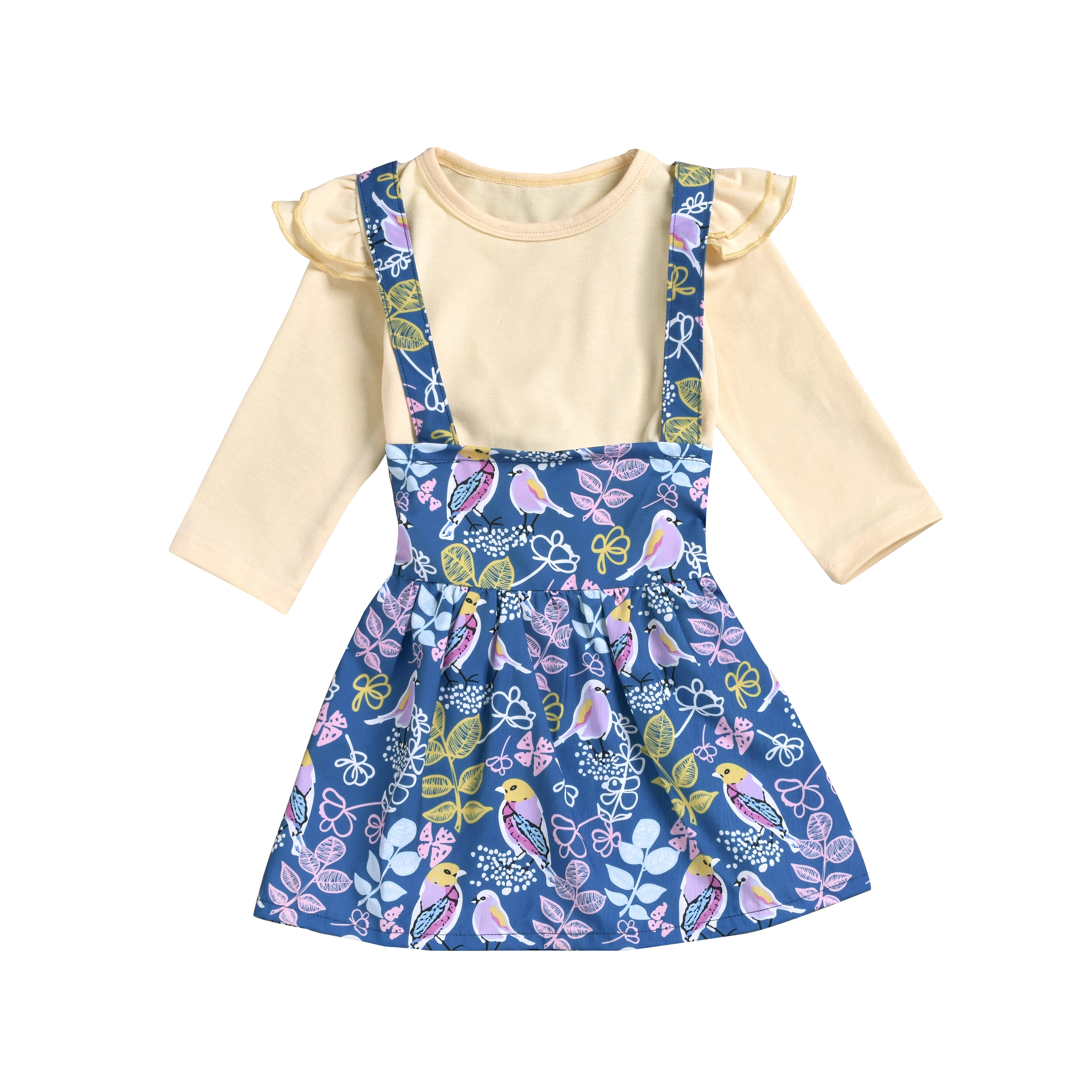 Детский хлопковый топ с оборками и длинными рукавами + синяя юбка цветочным