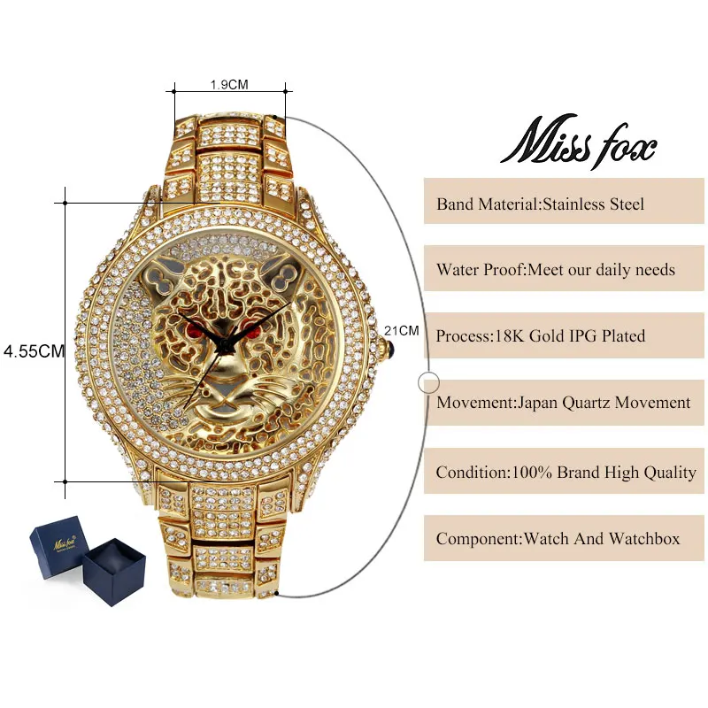 MissFox Miss Fox Брендовые женские часы Роскошные Кварцевые женские часы с тигром повседневные наручные часы из натурального серебра и золота