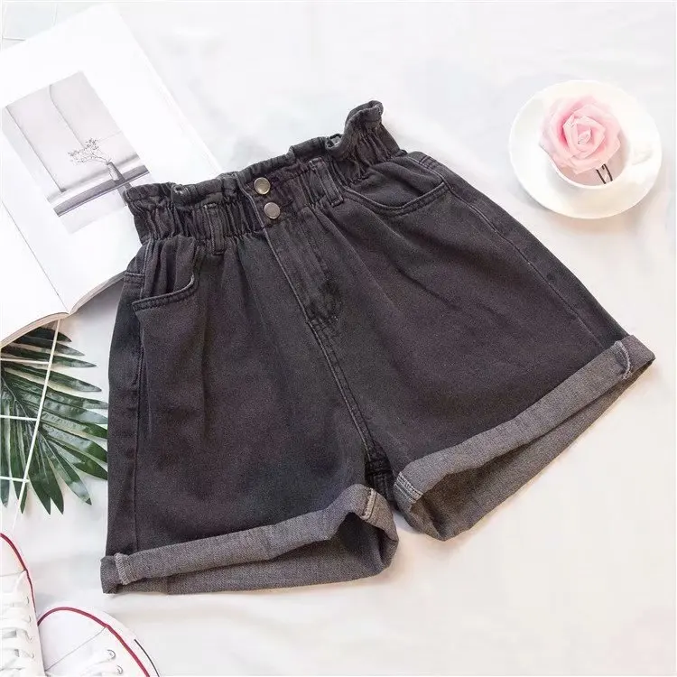 

casual summer hot sale denim women shorts feminino casual blue wide leg elastic waist jean shorts S-5XL W48