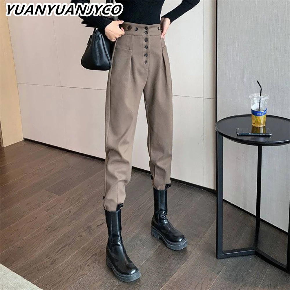 

YUANYUANJYCO Korean Style High Waist Buttons Pants Women Korean Fashion Elegant Office Lady Spring Autumn Black Cargo Trousers