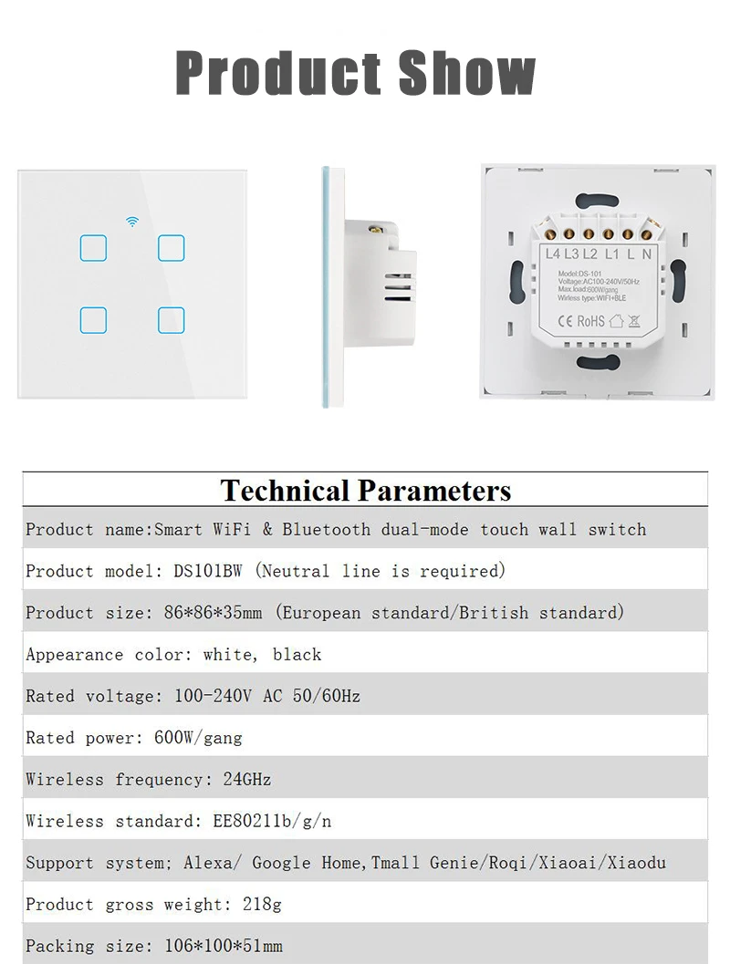 

1/2/3/4 Gang TUYA WiFi Smart Touch Switch 100-240V Home Wall Button For Alexa And Google Home Assistant EU Standard No Neutral