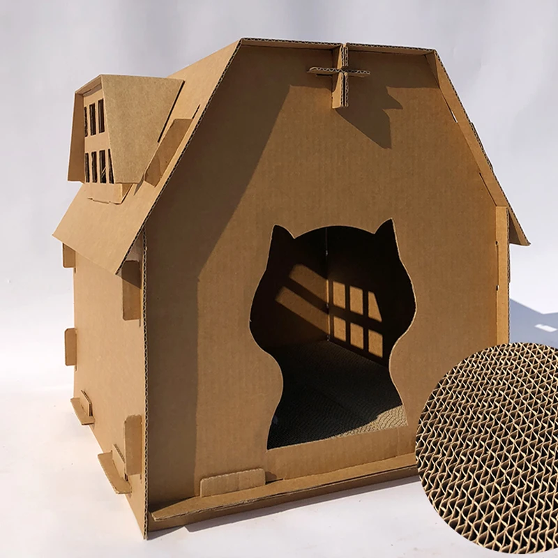 DIY картонная коробка Кошкин дом имеет небольшие инструменты для окон скретч