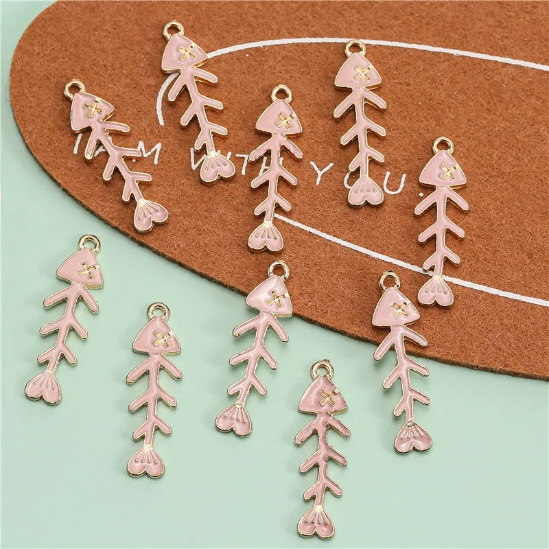 10 шт./лот Подвеска из эмалированного сплава в виде рыбьей кости розовый цвет