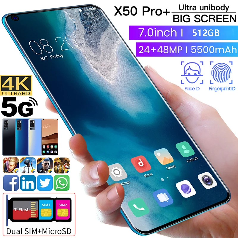 

X50Pro+ 7.0 inch Android 10 Smartphone 8core 512GB 4G 5G Network Full Screen Dual SIM Mobile Phone Cell Phone Smart Phone