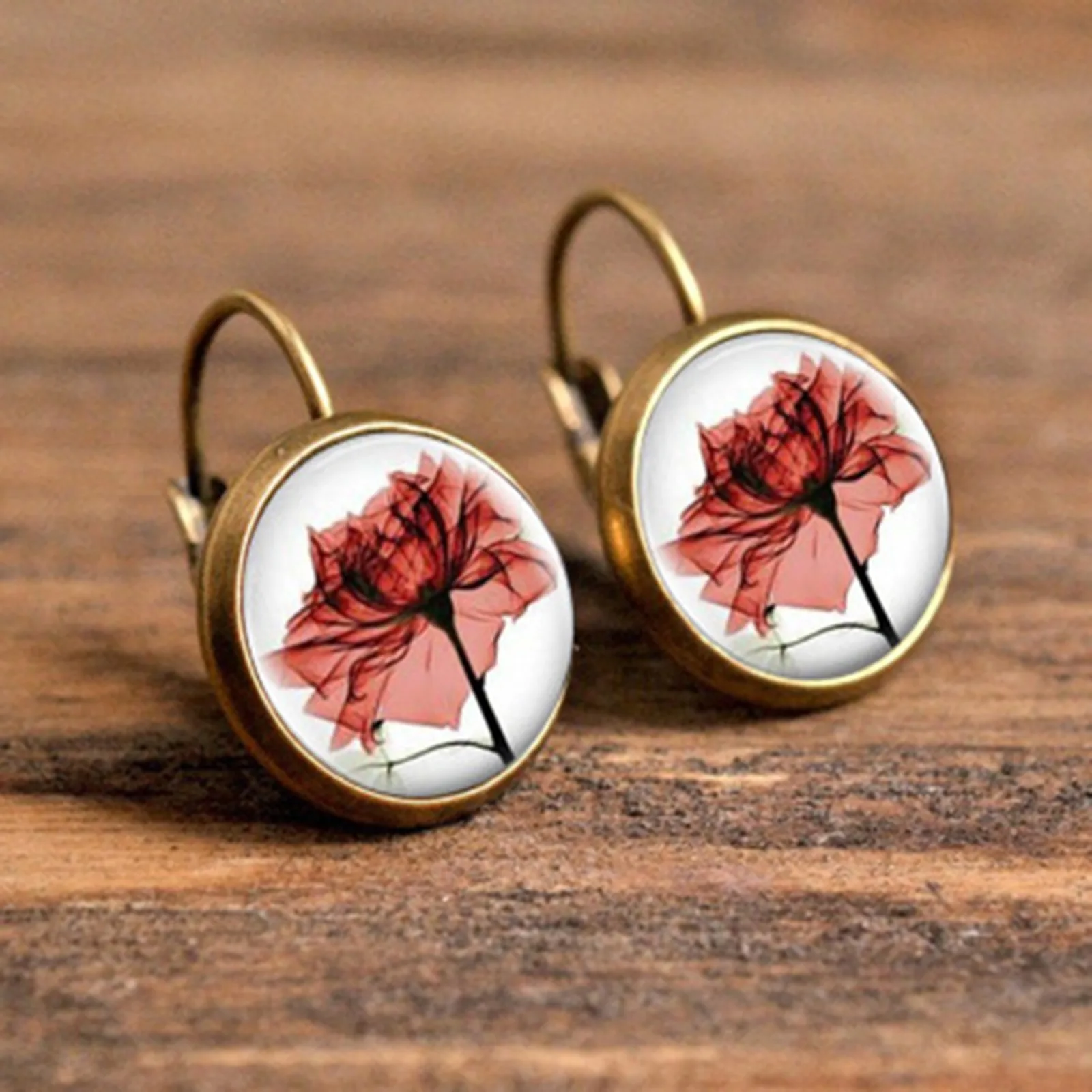 

8Seasons Fashion Copper Hoop Earrings Bronzed Multicolor Glass Round Flower Pattern For Women Wedding Party Jewelry 30mm,1Pair