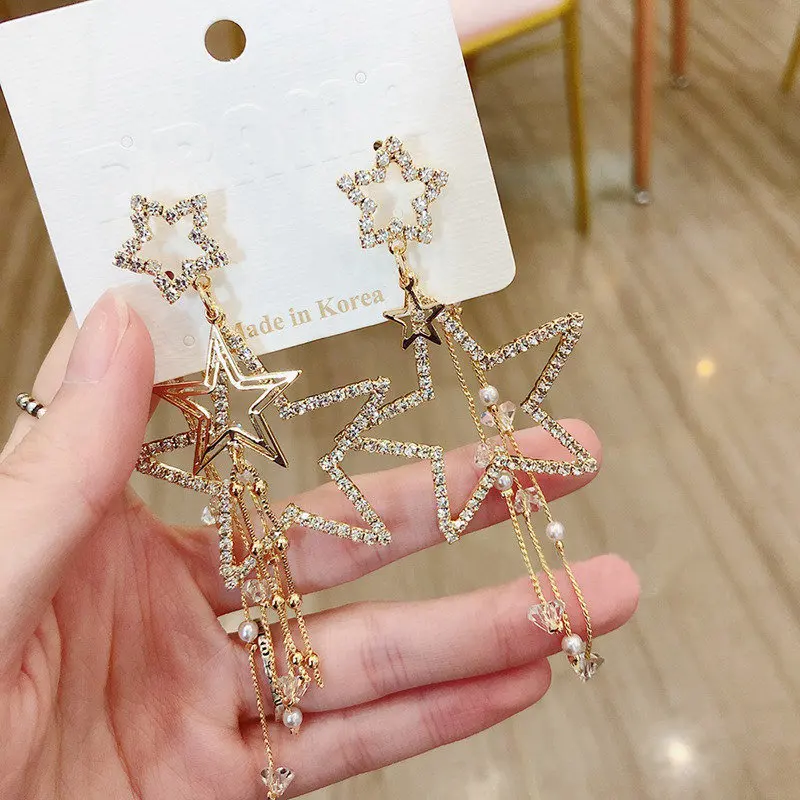 Женские Висячие серьги корейские блестящие стразы с жемчужными кисточками и