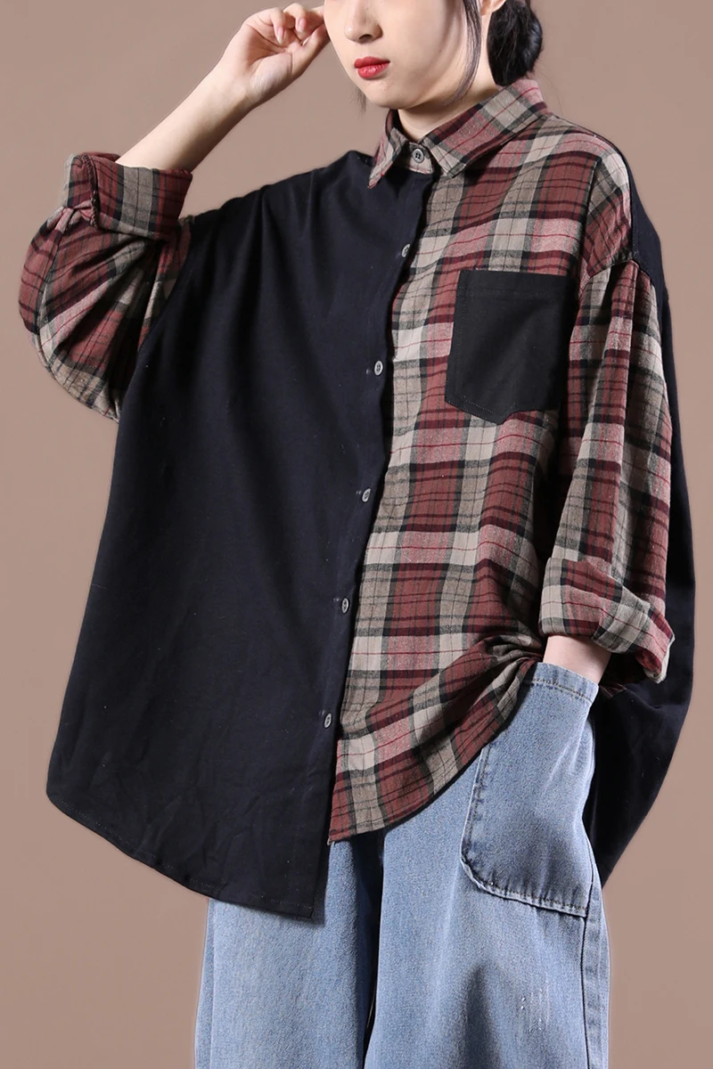 

SuperAen Spring 2021 New Loose Plus Size Asymmetric Plaid Patchwork Turn Down Collar Shirts Blouse Women