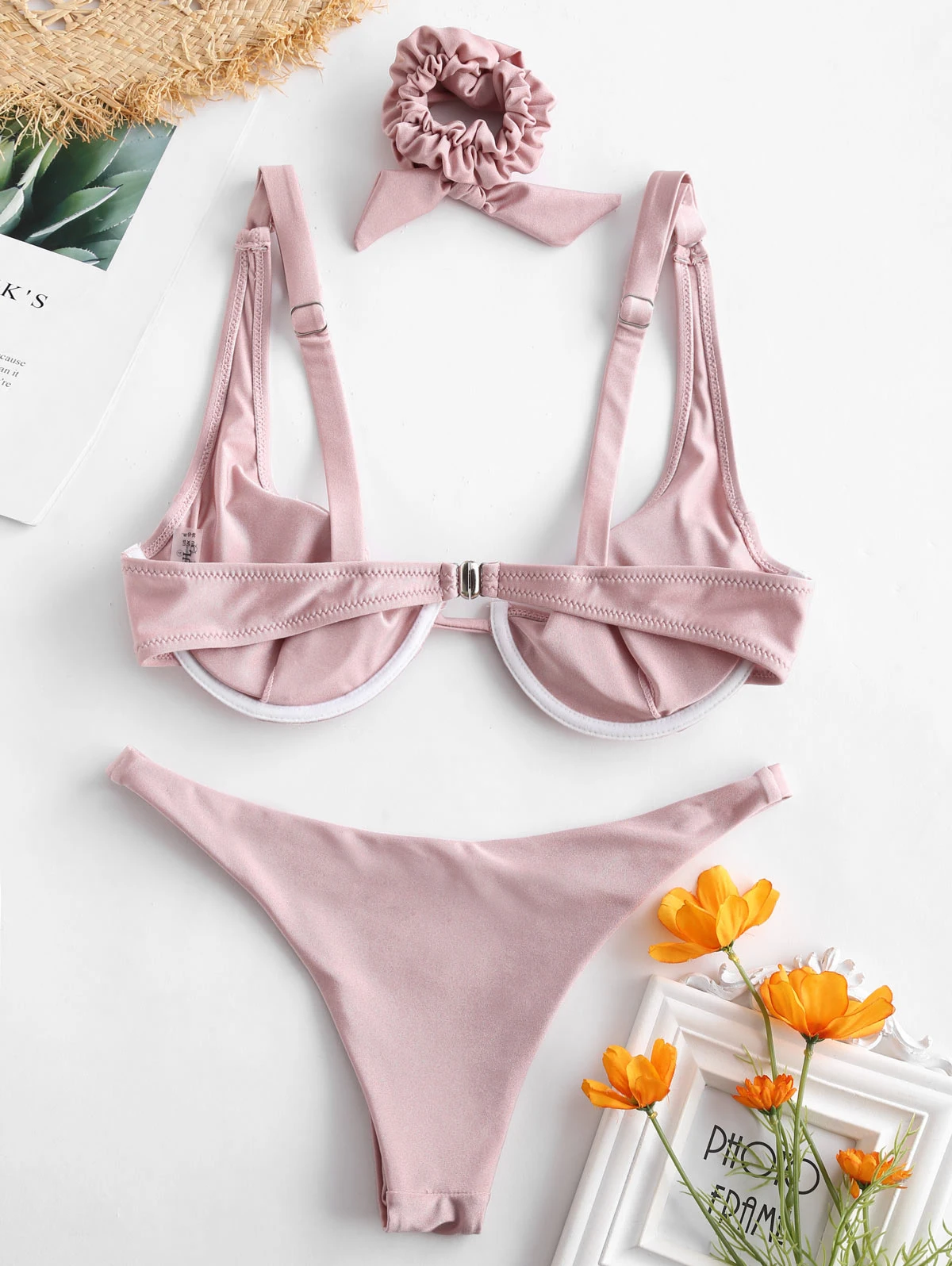 ZAFUL Shiny Underwire Bikini Set With Hair Band Padded Solid Women Bathing Suit Low Waisted Push Up Swimsuit Sexy Swimwear 2019 | Женская
