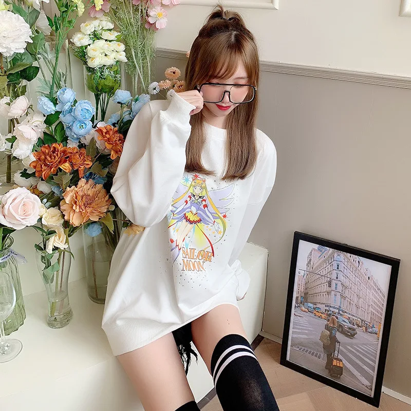 

Sweet Pink Cartoon Kawaii Pattern 100% Cotton Sweatshirt Women Long Sleeve Loose Oversized Casual Pullovers 2020 Autumn New