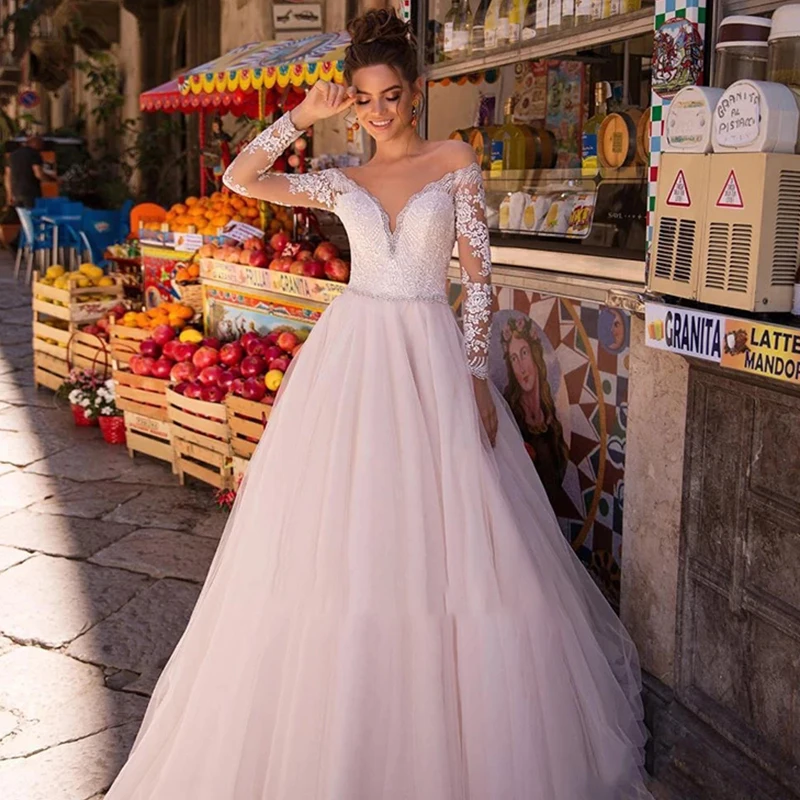 

Свадебное платье, кружевное свадебное платье в стиле ретро с V-образным вырезом и длинным рукавом, изысканный узор, пышная юбка