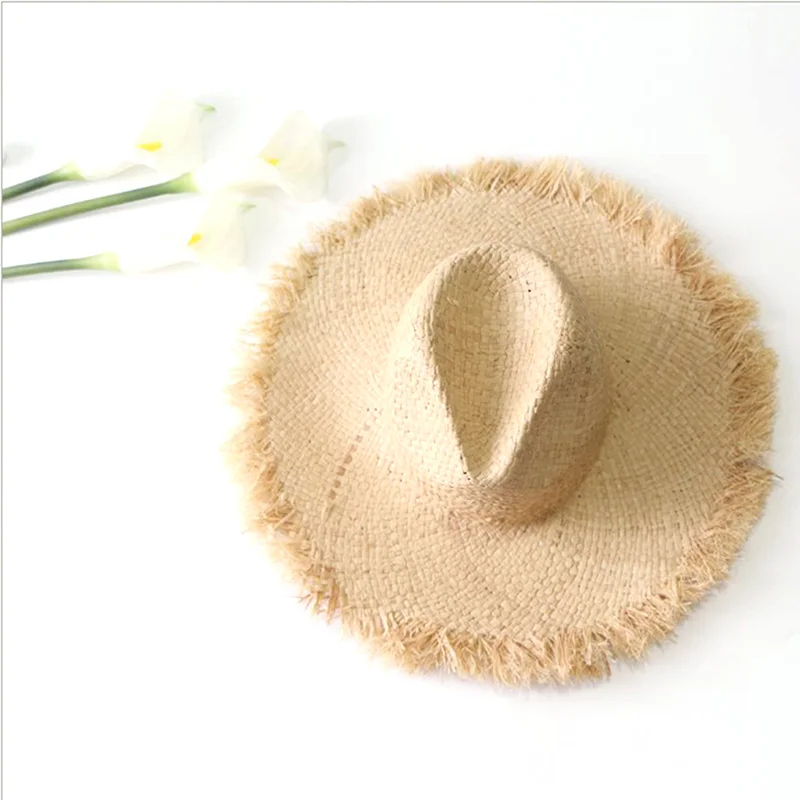 

Women Lace Up Large Brim Straw Hat Summer Simple Solid Color Handmade Weave Raffia Sun Hats For Outdoor Beach Summer Caps