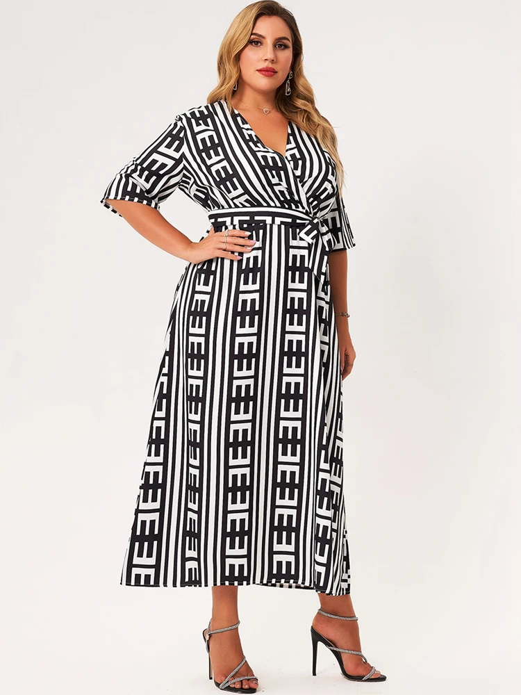 

New 2022 Midi Dress Women Plus Size 2022 Black E Letter Print Sashes Vertical Stripe Patchwork Half Sleeve Loose Casual Robes