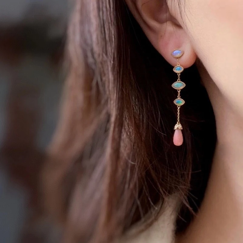 

AINUOSHI 18K Gold 2.0CTTW Natural Bule & Pink Opal Real Diamond Romantic Drop Earrings For Women Unique Gemstone Earrings