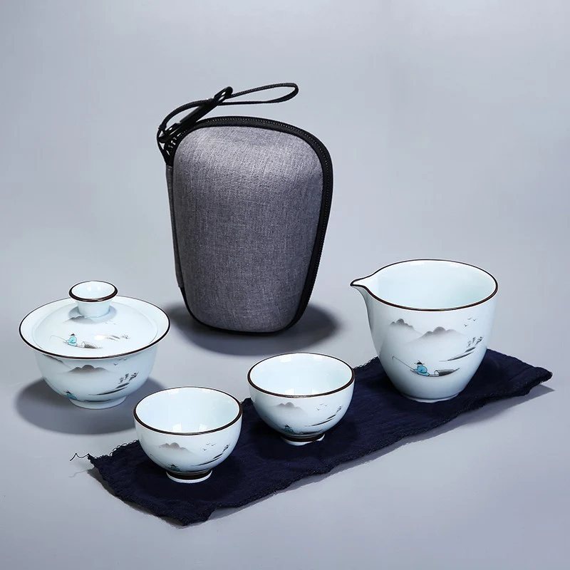 

Китайский чайный набор кунг-фу керамический портативный чайник, набор для путешествий, чайные чашки Gaiwan для чайной церемонии, чайная чашка, ...