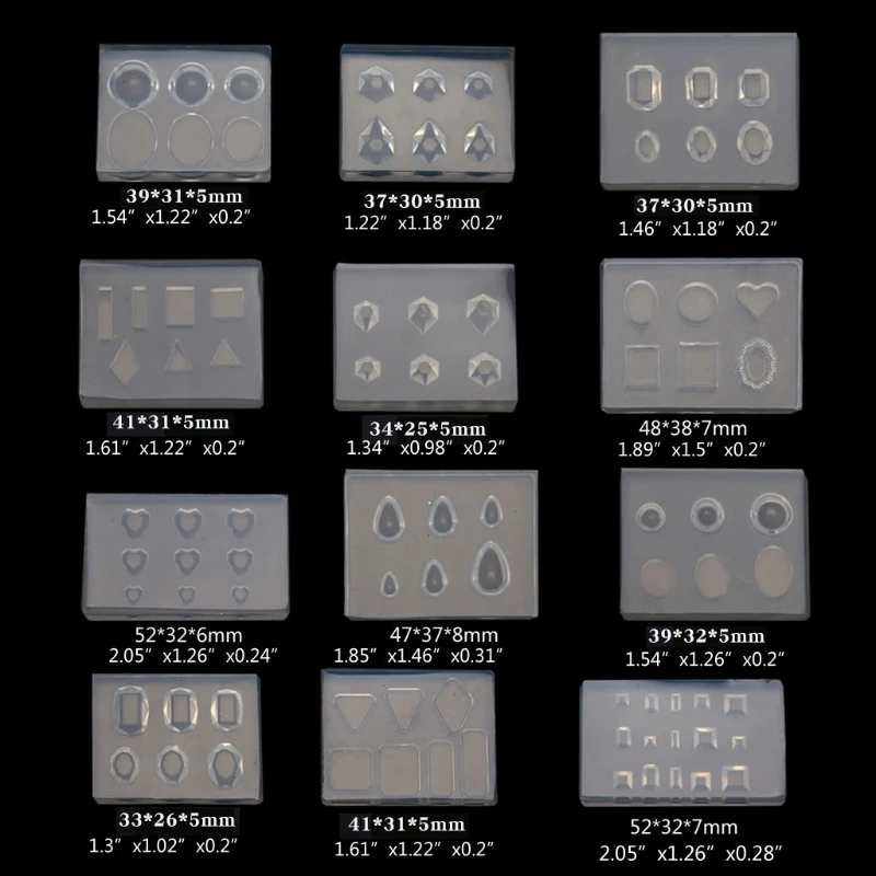 

12Pcs Mini Faceted Diamond Crystals Resin Mold Heart Oval Sqaure Round Gemstone Nail Art Templates Carving Mold Tool Kit