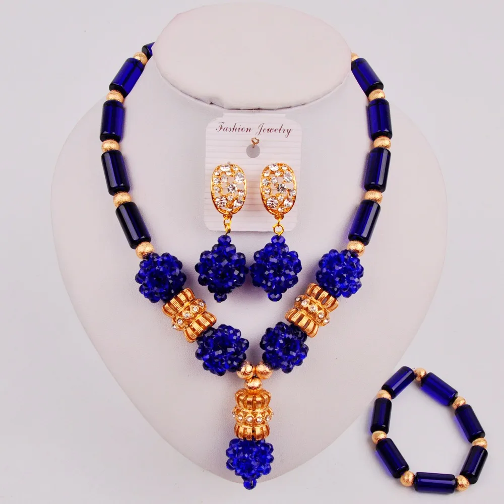 

Pretty Royal Blue African Beads Jewelry Set Women Costume Necklace for Nigerian Wedding ZQ4-2