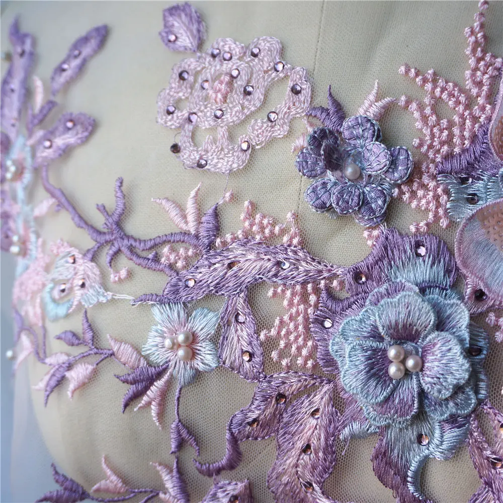 Фиолетовые 3D Цветочные кружевные тканевые бусины вышитая стразами Аппликация