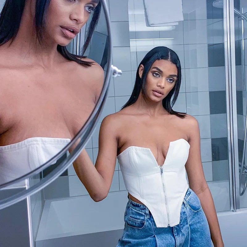 2020 Новая мода молния туника Топ Тонкий женский без рукавов Белый L0317|Майки| |