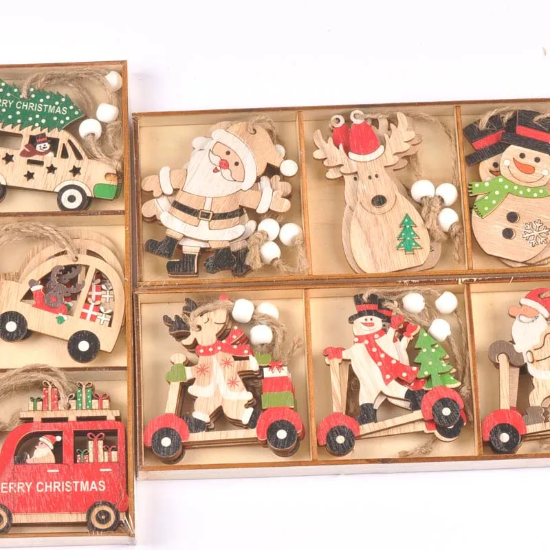 

9 шт./кор. новый мультфильм автомобиль Санта Клаус древесной щепы кулон рождественские украшения Xmas Tree Висячие украшения DIY аксессуары c2730