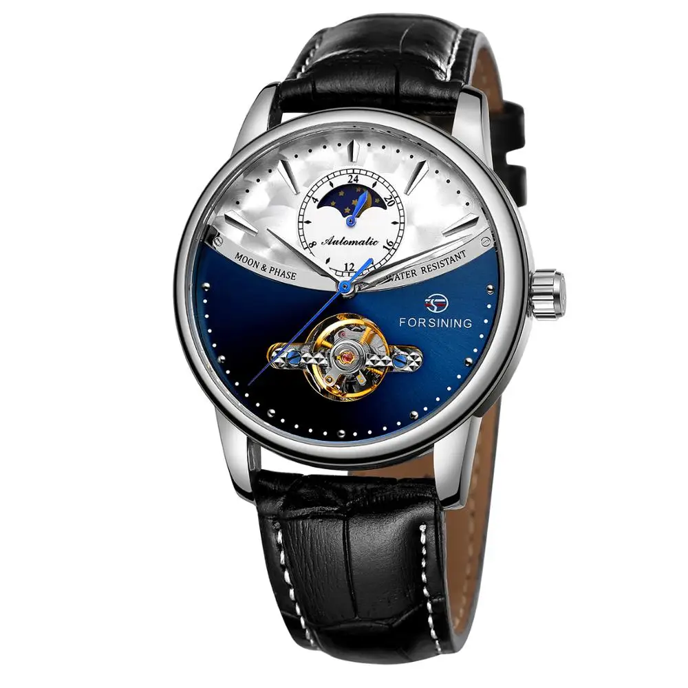 Forsining Tourbillon синие автоматические часы мужские классические Moonphase Дизайн Натуральная кожа Ремешок Водонепроницаемый Бизнес наручные часы подарок - Цвет: SILVER BLACK