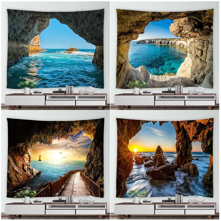 

3D Natural Cave Ocean Scenery Tapestry Sailboat Dusk Landscape Tapestries Home Study Wall Hanging Mural Picnic Mat Beach Blanket