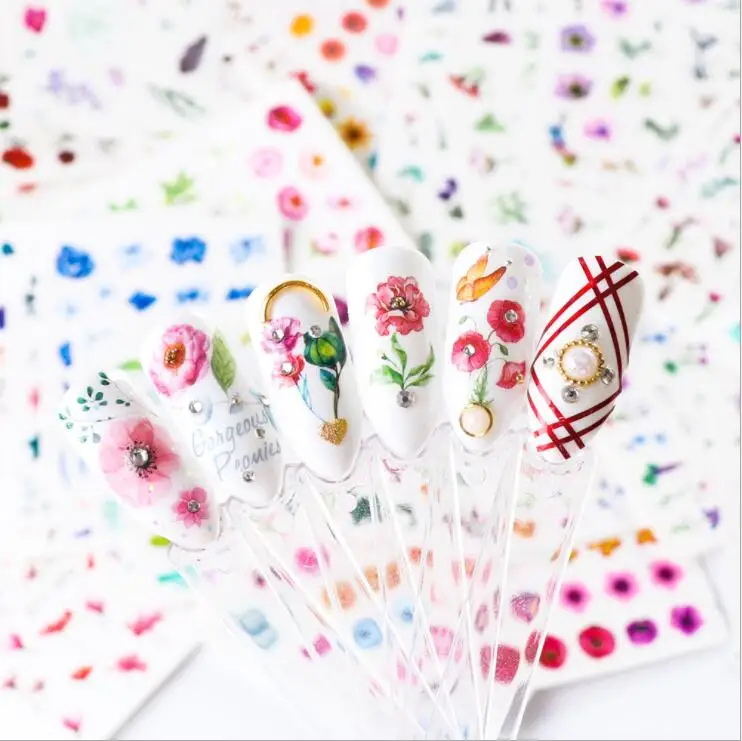 24 шт. смешанный дизайн новый ногтей Цветочные наклейки акварельные чернила на