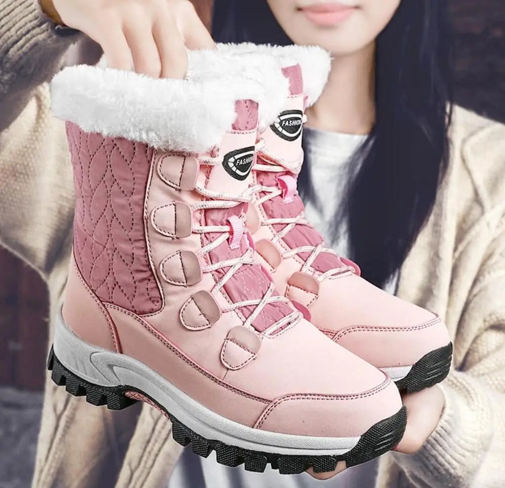 

super thick Snow Boots Winter Boots white mid calf boot Women with Fur Plush for Winter Shoes Women Warm Waterproof snowboots