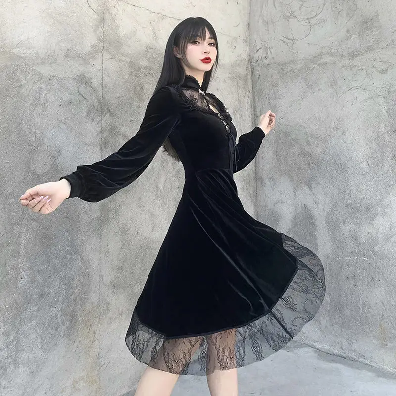 

Black Gothic Dress Women Autumn Winter Vintage Retro Lace Mini Dress Female Hepburn High Street Party Night Dress Women 2020 New