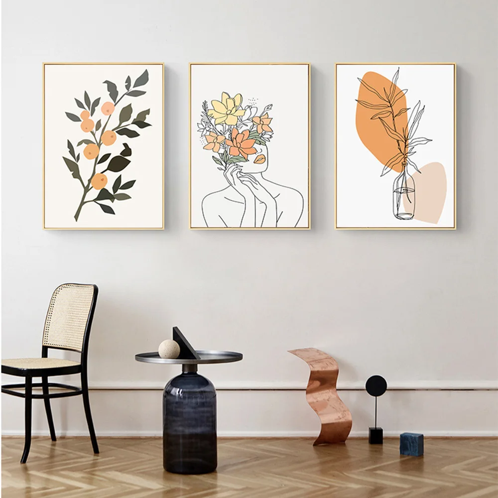 

Nordic Simple Line Drawing Woman Wall Art Print Posters Abstract Flower Canvas Painting Botanical Leaf Modern Picture Home Decor