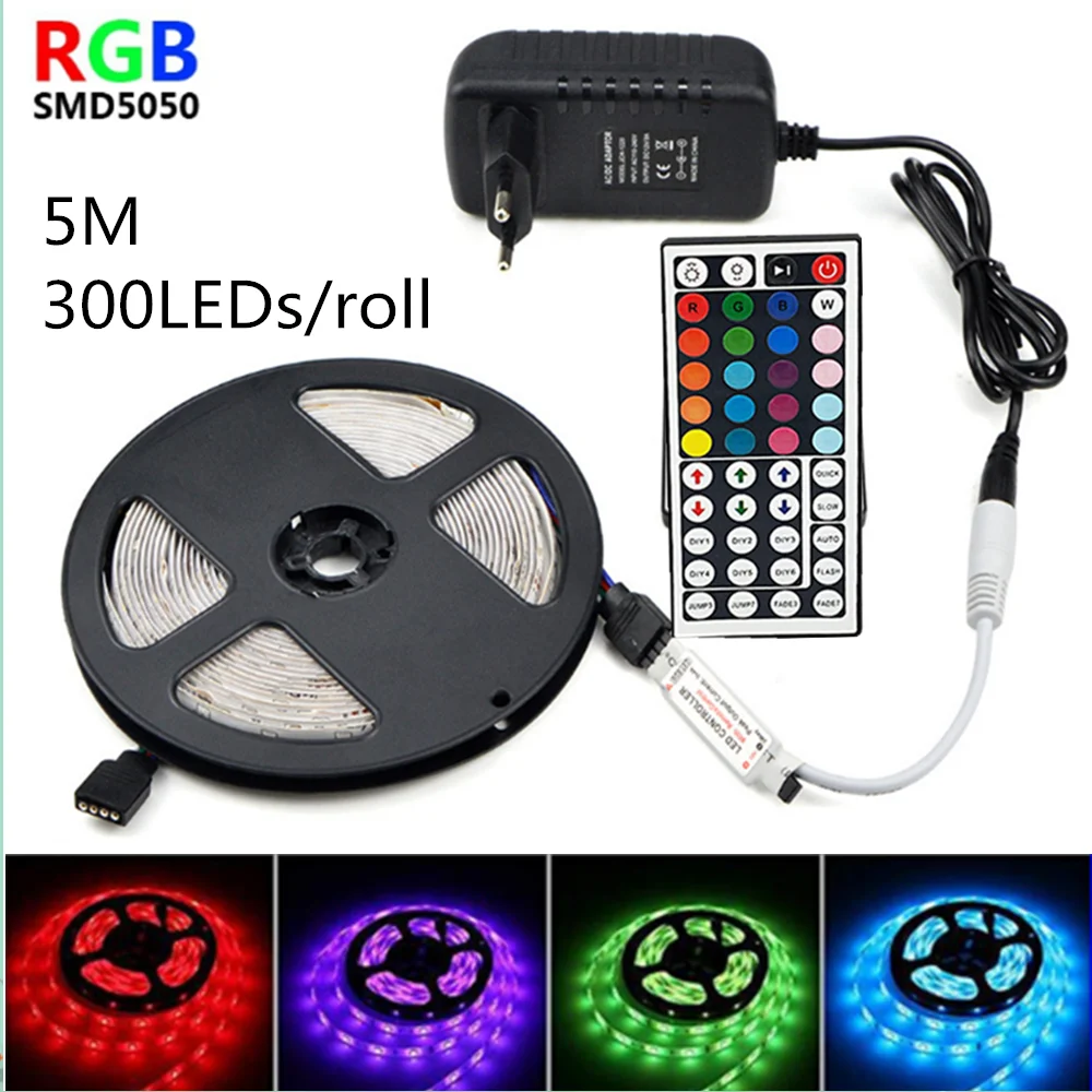 

12V LED Strip Light RGB SMD5050 LED Lights tape ribbon diode flexible waterproof neon lamp 44keys Controller set 60Leds/m 5M 10M