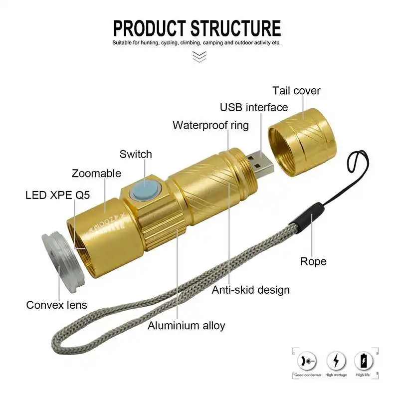 Мощный велосипед фонарик USB 2000 Люмен Увеличить светодиодный с аккумулятором