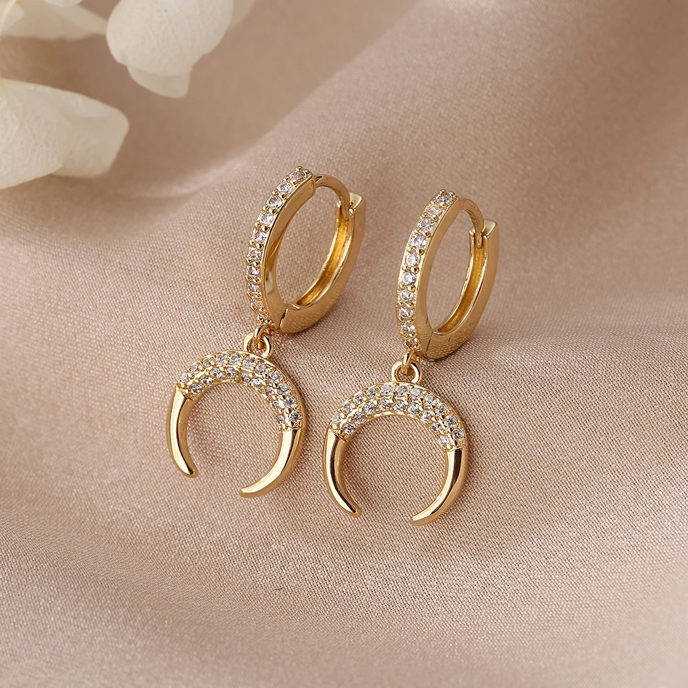 

ASCONA New Trendy Zircon Moon Shape Small Hoop Earrings For Women Fashion Charm Golden Dangle Drop Earrings Jewelry Gift 2021