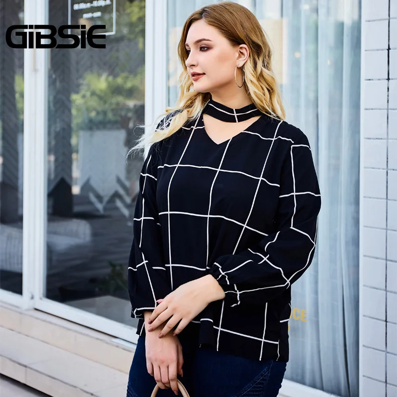 Женская блузка-чокер GIBSIE элегантная офисная блузка в клетку с длинным рукавом и
