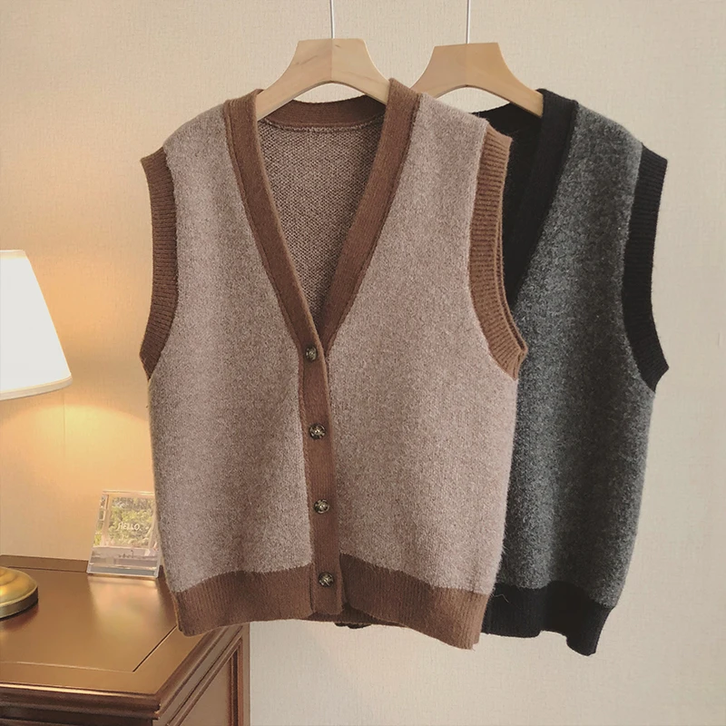 

Женский трикотажный жилет без рукавов, однобортный Свободный жилет цвета хаки с V-образным вырезом в стиле ретро, Осень-зима 2021