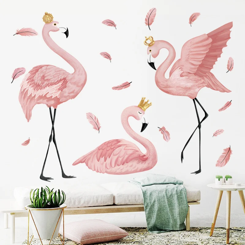 

Big Pink Flamingos Feather Wall Sticker for Living Bedroom Girls Dormitory Ins Creative Warm Room Decoration Home Mural