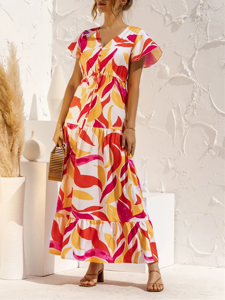 

Elegant Floral Print V-neck Lace Up Design Button Long Dress Summer Women Casual High Waist Short Sleeve Sandy Beach Long Dress