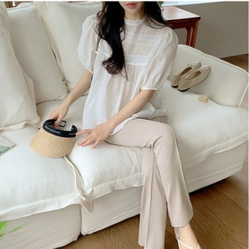 

Stand Collar Puff Sleeve Lace Lace Stitching Women Blouse Korean Japan Style Chic Pullover Tops Simple Sweet Summer Blusas Mujer