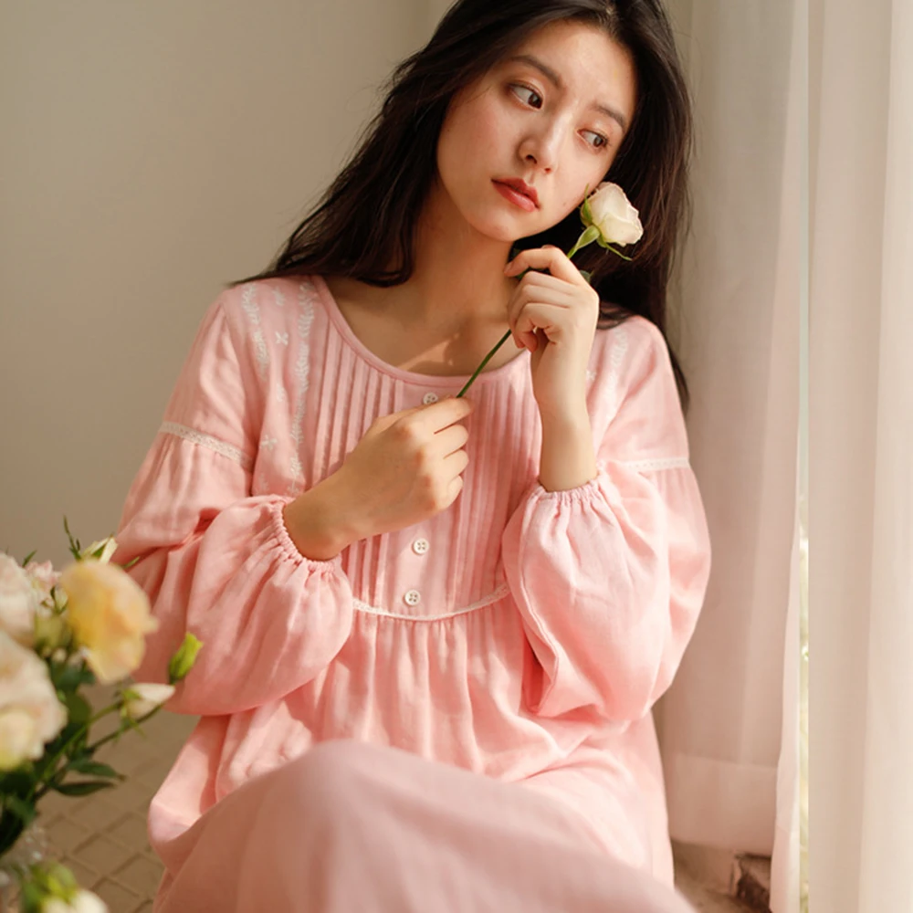 

Women Soft Double Layers Cotton Nightgown Loose Beautiful Pink Blue Nightdress Over The Knee Long Cotton Gown Dropshipping
