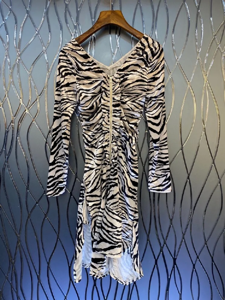 

100%Velvet Dress 2020 Autumn Winter Style Women V-Neck Sexy Wild Zebra Prints Back Zipper Sexy Asymmetrical Party Club Dresses