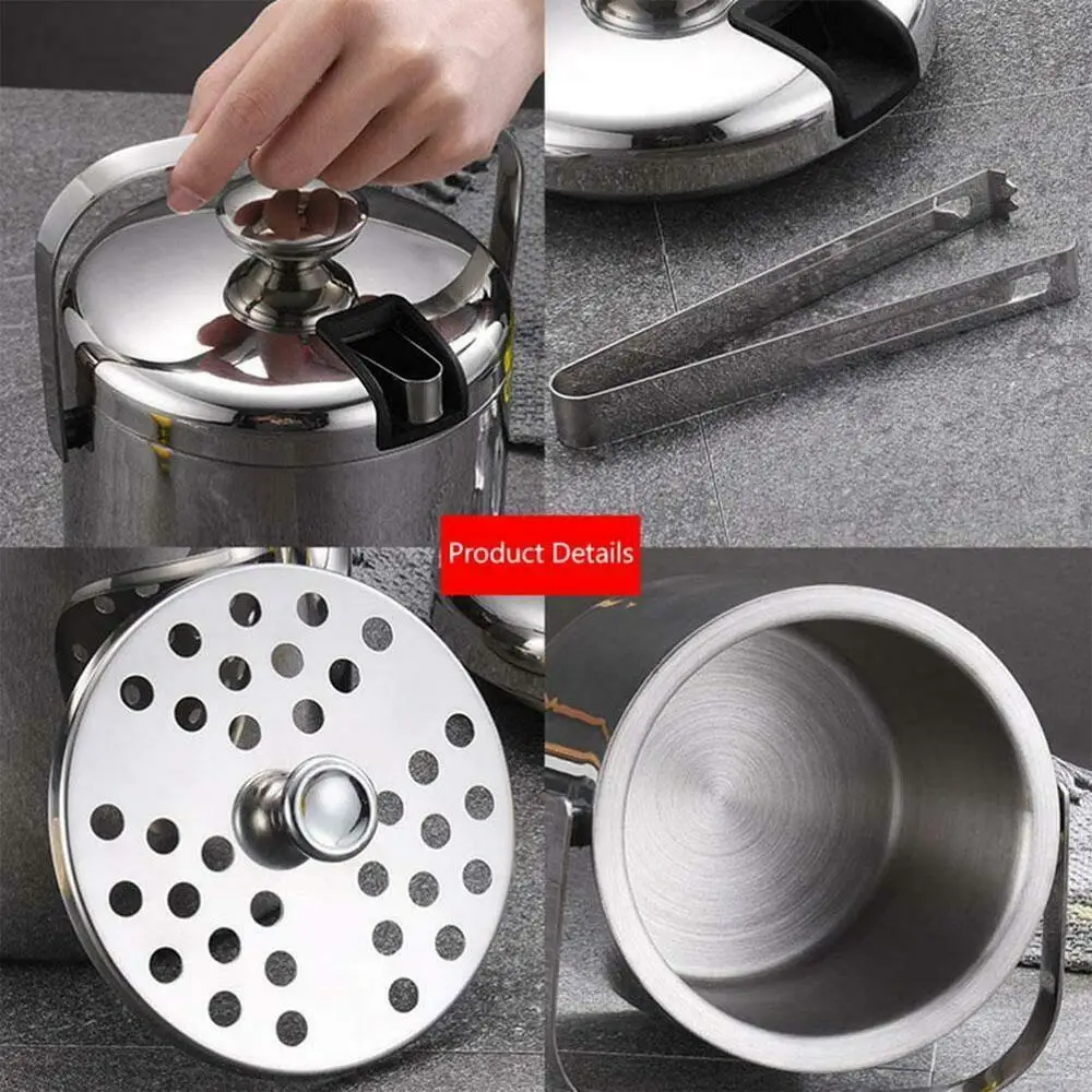 

1.3L Portable Double Wall Stainless Steel Ice Bucket Ice Cube Container With Ice Tong Clip Lid Filter For Storage And Bar Cooler