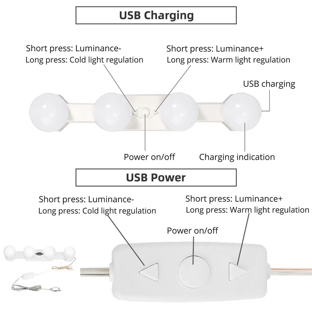 4 лампы светодиодный зеркало с подсветкой USB Перезаряжаемые Голливуд косметическое зеркало с подсветкой для макияжа Аккумуляторная Регулируемая Яркость подсветкой зеркала лампы