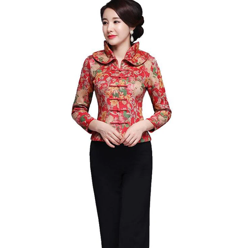 

Chinese National Jackets Women Long Sleeve Autumn Coat Plus Size 4XL Double Collar Outerwear Mother Wedding Tang Suit Clothings
