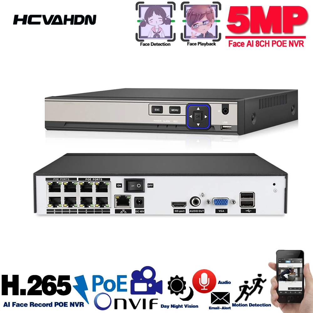 Распознавание лица 8 канальный сетевой видеорегистратор POE NVR H.265 5 МП рекордер