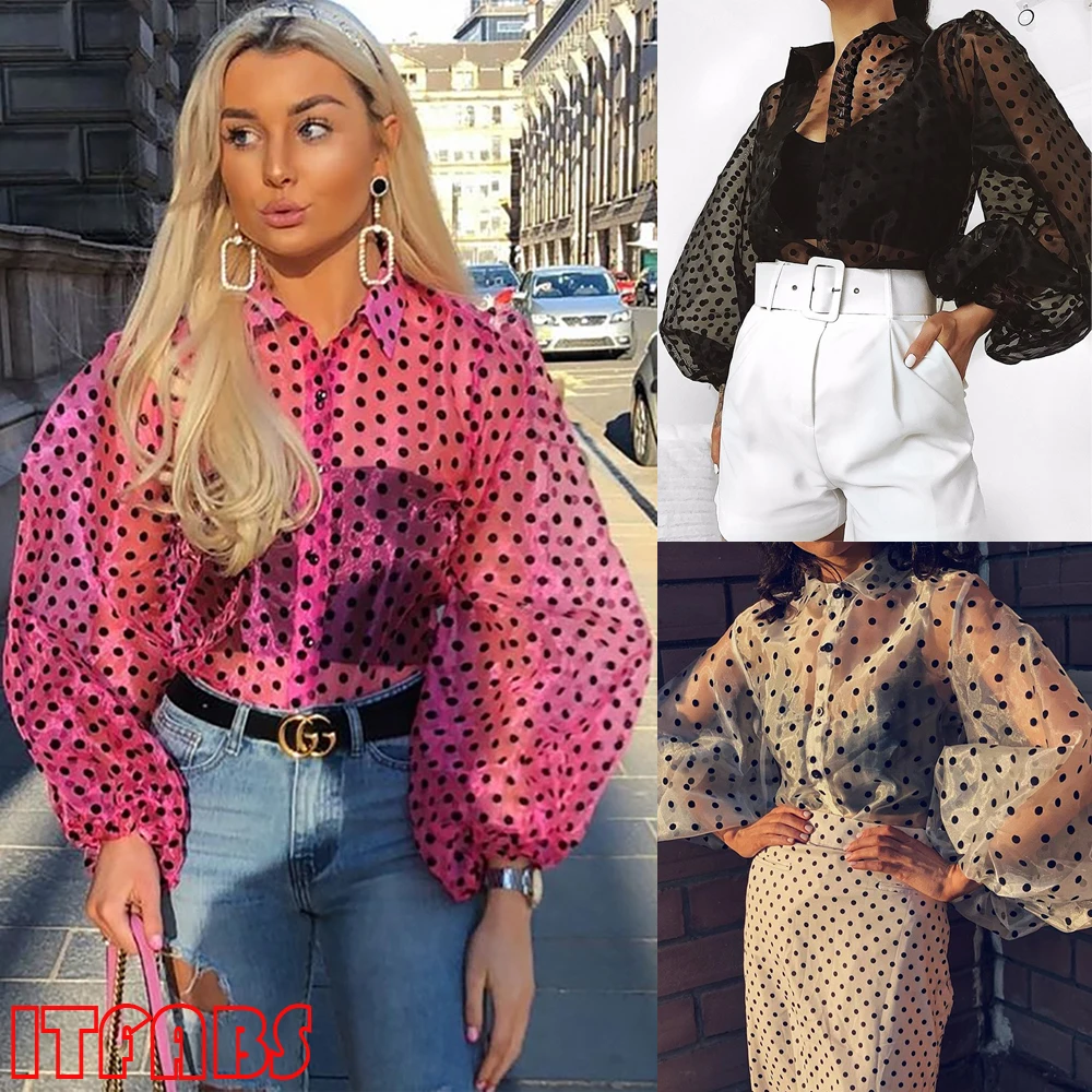 Женская прозрачная блузка белая с длинными рукавами-фонариками и жемчужными