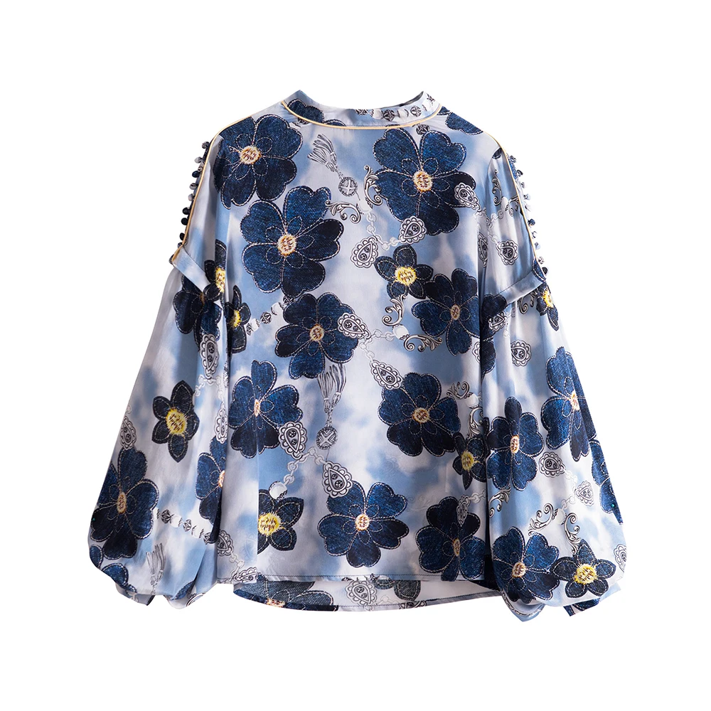 

2021 Spring & Summer Woman Romantic Flower Printed Button Lantern Sleeve Chiffon Shirt