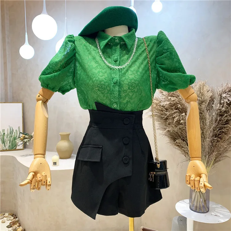 

New Korean Office Lady Sexy See Through Lace Shirt Summer Women Vintage Single-Breasted Puff Short Sleeve Slim Blouse Short Tops